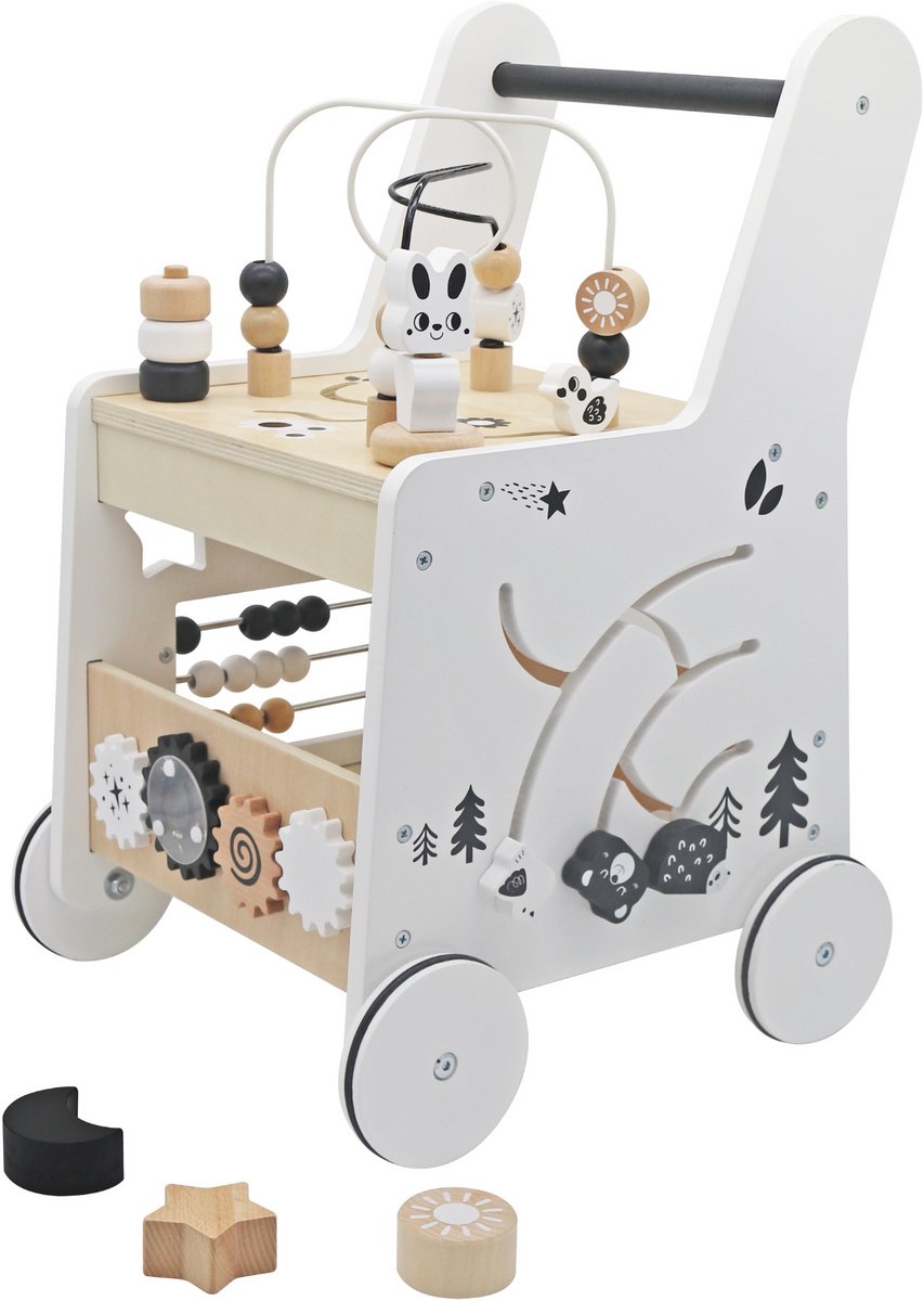Rijoka Loopwagen Kubus Hout voor Baby +/- 1 jaar | Babywalker | Educatieve looptrainer | 33 x 33 x 47cm | Wit